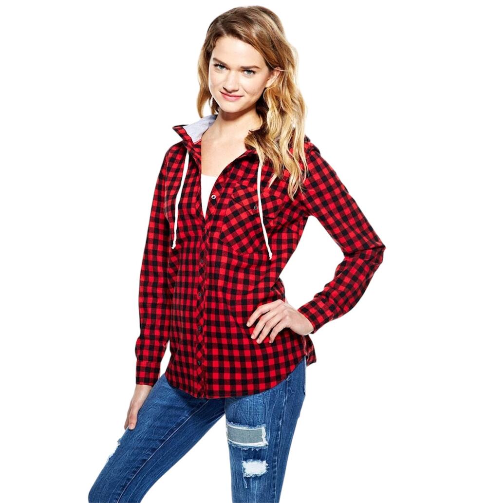 delia*s Women Plaid Shirt with hood Sz. Medium EUC BLK/Red Comfort layering Y2k